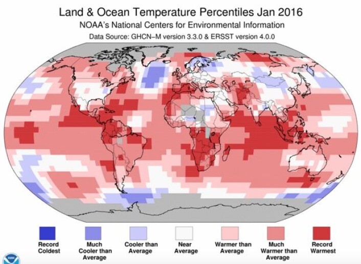 Rekordvarmt mange steder i verden i januar, mens det var ganske kjølig hos oss, og i Nord-Atlanteren. (Bilde: NOAA) Rekordvarmt mange steder i verden i januar, mens det var ganske kjølig hos oss, og i Nord-Atlanteren. (Bilde: NOAA)