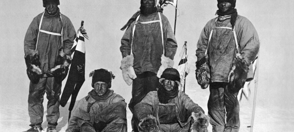 En skuffet Scott (i midten bak) nådde fram til Sydpolen i 1912, bare for å oppdage at Roald Amundsen hadde vært der først. Bildet er framkalt fra et negativ som letemannskapet i 1913 fant sammen med de frosne kroppene til medlemmene av ekspedisjonen. (Foto: Mary Evans Picture)