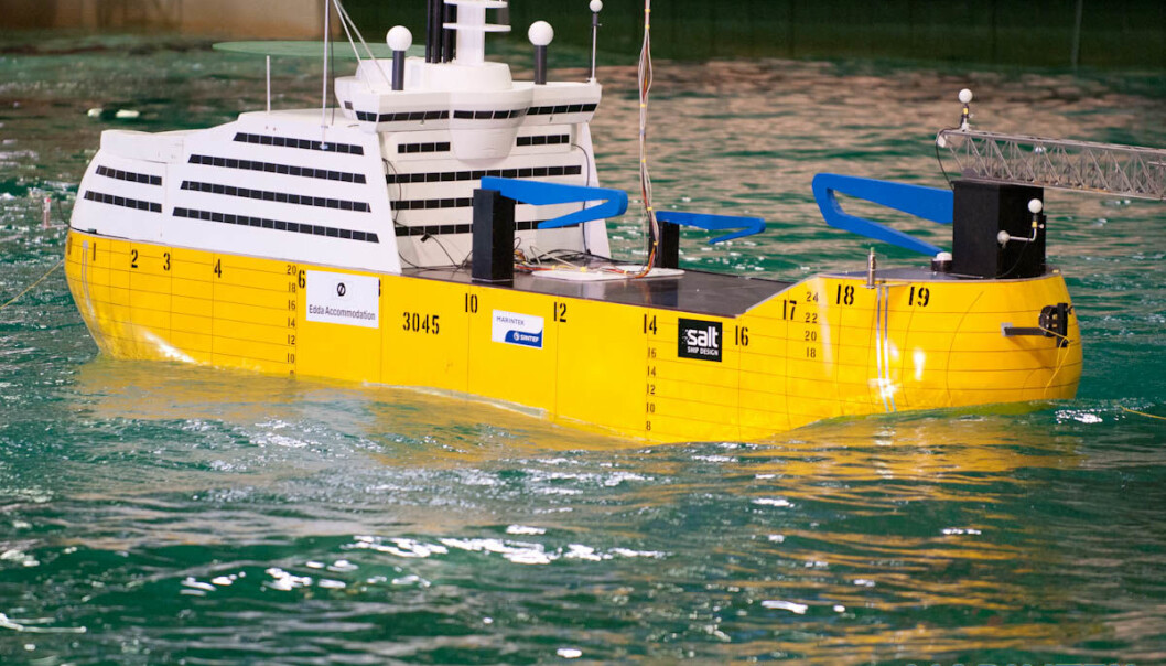 This is what the model of the hotel ship looks like. The full-scale vessel will accommodate 800 offshore workers. (Photo: MARINTEK) This is what the model of the hotel ship looks like. The full-scale vessel will accommodate 800 offshore workers. (Photo: MARINTEK)