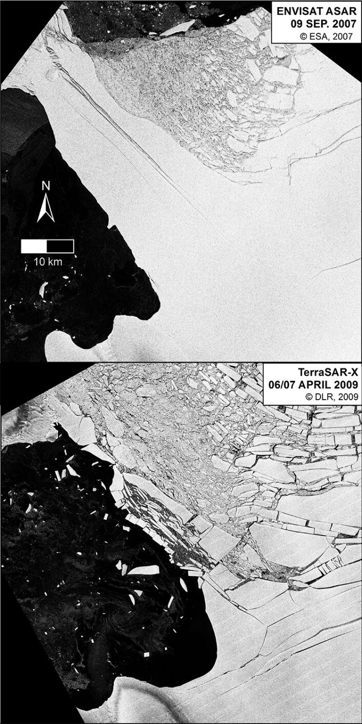 Isbremmen Wilkins Ice Shelf i Vest-Antarktis kollapset og brøt opp i 2009. Det øverste satellittbildet er tatt av Envisat i 2007, det nederste av TerraSAR-X i 2009. (Foto: ESA/DLR/M.Rankl ) Isbremmen Wilkins Ice Shelf i Vest-Antarktis kollapset og brøt opp i 2009. Det øverste satellittbildet er tatt av Envisat i 2007, det nederste av TerraSAR-X i 2009. (Foto: ESA/DLR/M.Rankl )
