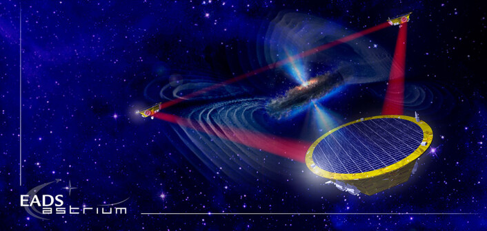eLISA vil bestå av tre romobservatorier i bane rundt sola. De vil fly en million kilometer fra hverandre. Laserstråler over slike avstander vil avbøyes av gravitasjonsbølger fra for eksempel supermassive svarte hull, som vist i illustrasjonen. (Foto: (Illustrasjon: EADS Astrium/ESA)) eLISA vil bestå av tre romobservatorier i bane rundt sola. De vil fly en million kilometer fra hverandre. Laserstråler over slike avstander vil avbøyes av gravitasjonsbølger fra for eksempel supermassive svarte hull, som vist i illustrasjonen. (Foto: (Illustrasjon: EADS Astrium/ESA))