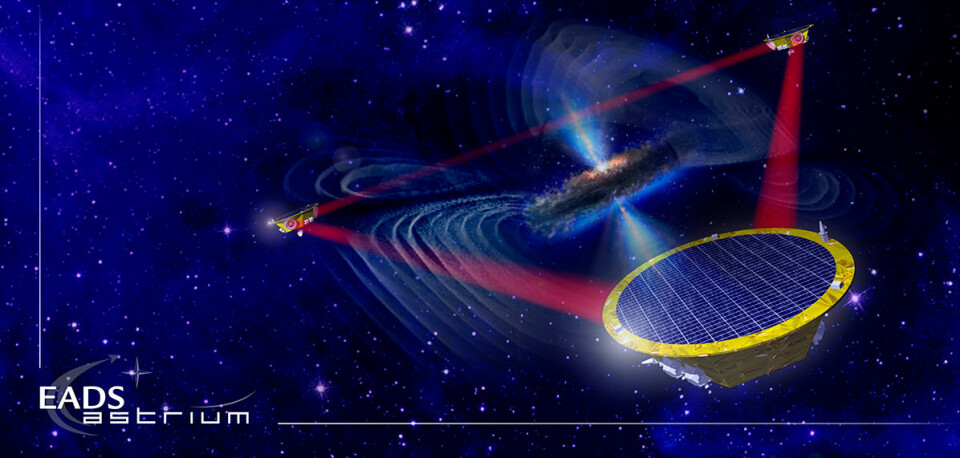 eLISA vil bestå av tre romobservatorier i bane rundt sola. De vil fly en million kilometer fra hverandre. Laserstråler over slike avstander vil avbøyes av gravitasjonsbølger fra for eksempel supermassive svarte hull, som vist i illustrasjonen. (Foto: (Illustrasjon: EADS Astrium/ESA))