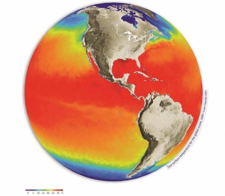 Temperatur i havoverflaten sett av satellitter i 2009. (Foto: (Grafikk: ESA/Crown Copyright))