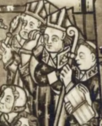 I denne altertavlen fra Nedstryn kirke i Sogn og Fjordane ser vi at biskopen holder en bagall (norrønt: en bispestav) i hendene. Fra den hentet baglerne sitt navn.  (Foto: Norsk folkemuseum/Digitalt museum)