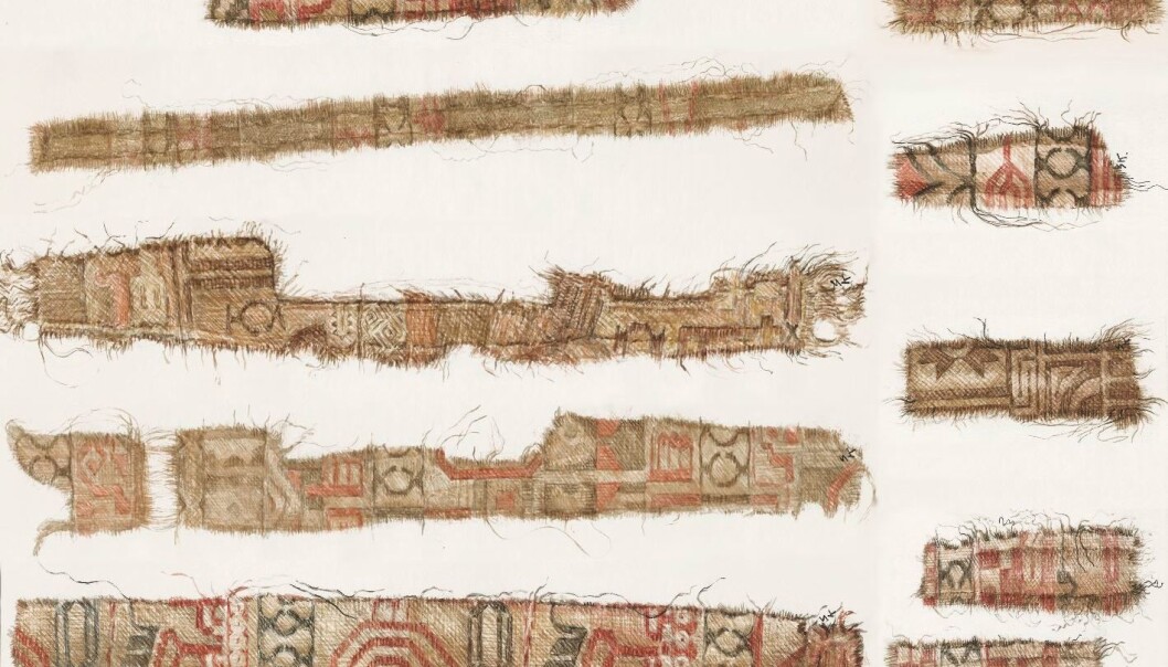 Silk textiles from the Persian region were found in the Oseberg ship. Among the motifs, we can see parts of special birds associated with Persian mythology, combined with clover-leaf axes, a Zoroastrian symbol taken from the Zodiac. The textiles have been cut into thin strips and used for adornment on clothing. Similar strips have also been found in other Viking Age burial sites. Silk textiles from the Persian region were found in the Oseberg ship. Among the motifs, we can see parts of special birds associated with Persian mythology, combined with clover-leaf axes, a Zoroastrian symbol taken from the Zodiac. The textiles have been cut into thin strips and used for adornment on clothing. Similar strips have also been found in other Viking Age burial sites.