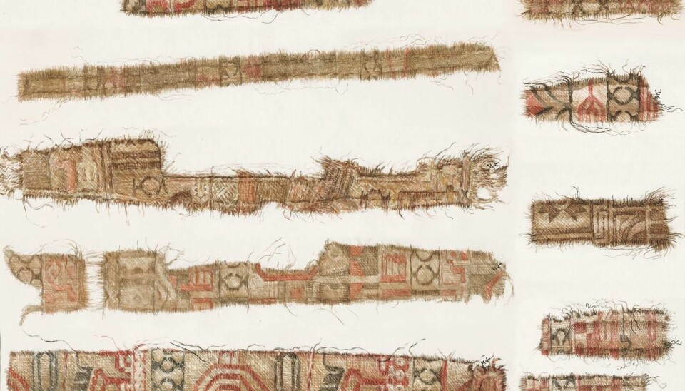 Silk textiles from the Persian region were found in the Oseberg ship. Among the motifs, we can see parts of special birds associated with Persian mythology, combined with clover-leaf axes, a Zoroastrian symbol taken from the Zodiac. The textiles have been cut into thin strips and used for adornment on clothing. Similar strips have also been found in other Viking Age burial sites.
