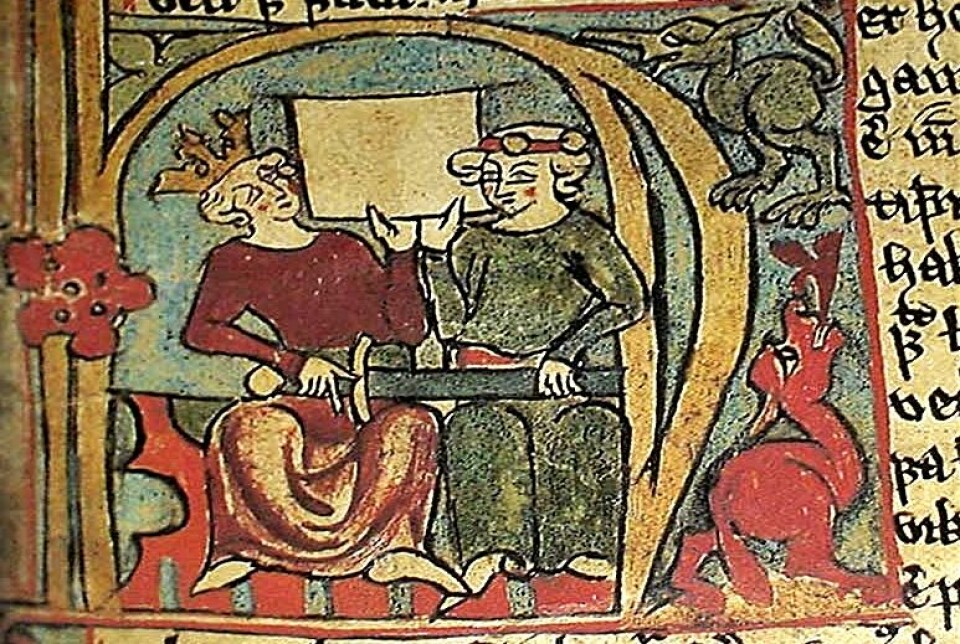 Illustrasjon fra islandske Flatøybok som viser Håkon Håkonsson og sønnen Magnus (senere kong Magnus Lagabøte) sammen. Flatøybok fra ca. 1390 er nettopp utgitt på norsk for første gang.