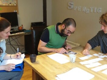Industrial designer Hanne Linander, SINTEF, Vittorio Magliola from Kvamsgrindakollektivet and data student Jørn-Egil Jensen at NTNU preparing one of the workshops. (Photo: SINTEF) Industrial designer Hanne Linander, SINTEF, Vittorio Magliola from Kvamsgrindakollektivet and data student Jørn-Egil Jensen at NTNU preparing one of the workshops. (Photo: SINTEF)