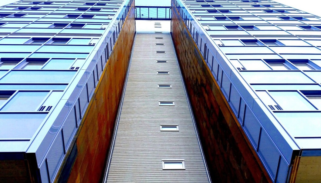 Modulbygg ikke trenger å se ut som en skoeske. Dette trehuset har 14 etasjer. (Foto: BOB) Modulbygg ikke trenger å se ut som en skoeske. Dette trehuset har 14 etasjer. (Foto: BOB)
