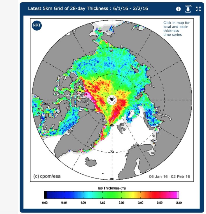 Årets første "bilde" av sjøisens tykkelse i Polhavet, sett fra ESAs satellitt CryoSat-2. (Bilde: ESA/University College London) Årets første "bilde" av sjøisens tykkelse i Polhavet, sett fra ESAs satellitt CryoSat-2. (Bilde: ESA/University College London)