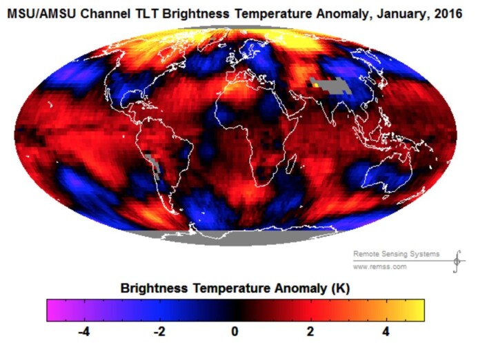Temperaturfordelingen i nedre troposfære i januar, slik satellittene så det. (Bilde: RSS) Temperaturfordelingen i nedre troposfære i januar, slik satellittene så det. (Bilde: RSS)