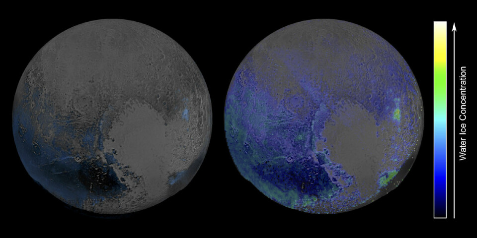 NASA offentliggjorde dette kartet over forekomster av vannis på Pluto den 28. januar 2016. Bildet bygger på infrarøde spektralanalyser gjort med instrumentet Linear Etalon Imaging Spectral Array (LEISA) på romsonden New Horizons i juli 2015. Selv om observasjonene forstyrres av metanforekomster, viser de at vann er mer utbredt på Pluto enn antatt tidligere. (Foto: (Figur: NASA/JHUIAPL/SwRI))