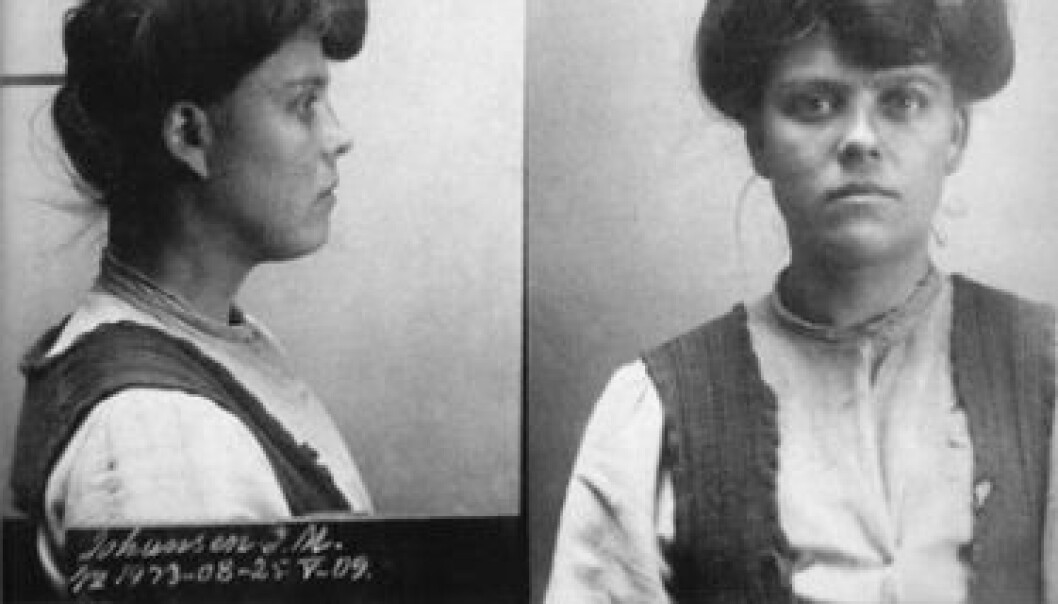 Mug shot of a prisoner from the early 1900s. The woman in the photo, Johanne Margrethe, was described as a “prostitute, thief, brutal, violent”. Female criminals comprised the largest group of women in the Norwegian media in 1913. (Photo: Norwegian National Museum of Justice) Mug shot of a prisoner from the early 1900s. The woman in the photo, Johanne Margrethe, was described as a “prostitute, thief, brutal, violent”. Female criminals comprised the largest group of women in the Norwegian media in 1913. (Photo: Norwegian National Museum of Justice)