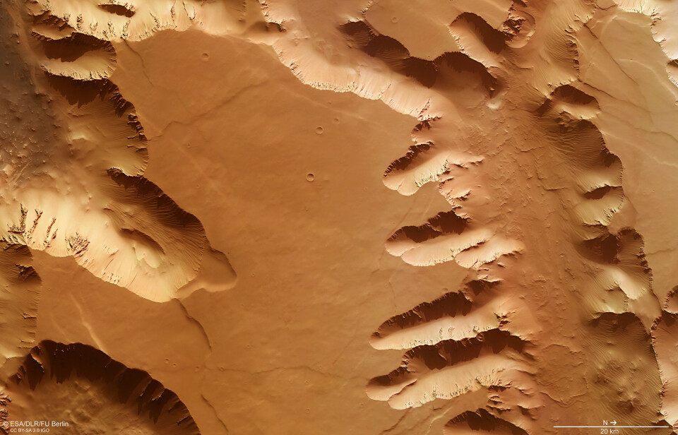 En del av Noctis Labyrinthus, det enorme nettverket av kløfter på Mars, sett rett ovenfra av den europeiske romsonden Mars Express 15. juli 2015. (Foto: ESA/DLR/FU Berlin, CC BY-SA 3.0 IGO)