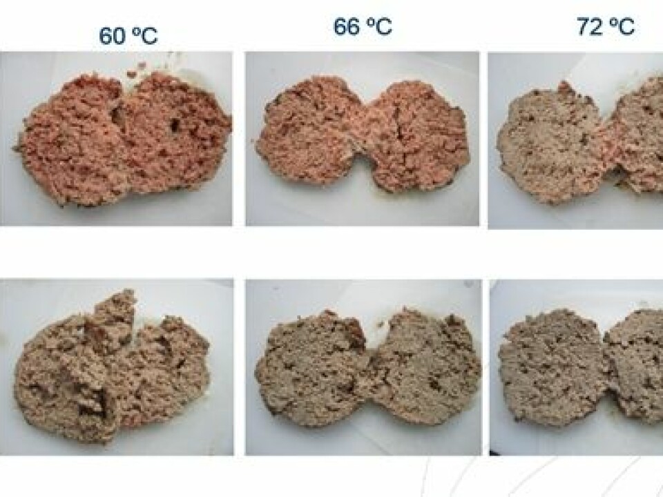 When meat has been packed in an oxygen-rich atmosphere, it becomes brownish grey and looks cooked through when it reaches 60°C, while meat packed with more traditional gas mixtures or in a vacuum needs temperatures above 71°C to achieve the same colour. (Photo: Nofima)