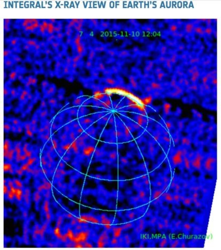 Røntgen-signaturen av nordlyset, sett fra ESAs romteleskop Integral. (Bilde: ESA/Integral / E. Churazov (IKI/MPA) / M. Turler (ISDC Univ Geneva)). Røntgen-signaturen av nordlyset, sett fra ESAs romteleskop Integral. (Bilde: ESA/Integral / E. Churazov (IKI/MPA) / M. Turler (ISDC Univ Geneva)).