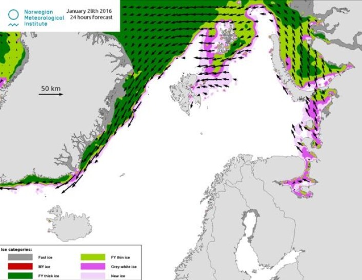 Det er mye åpent vann nord for Svalbard nå. (Bilde: MET). Det er mye åpent vann nord for Svalbard nå. (Bilde: MET).