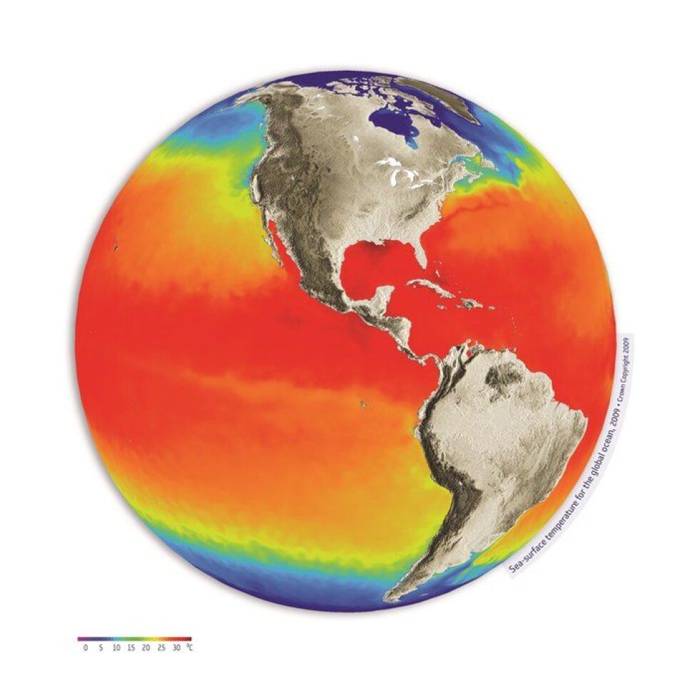 Temperatur i havoverflaten sett av satellitter i 2009. (Foto: Crown Copyright)