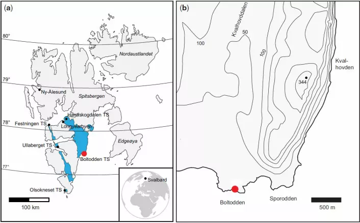 Boltodden ligger på sørøstkysten av Spitsbergen, om lag 100 kilometer sørsørøst for Longyearbyen. Andre steder hvor det er funnet dinosaurspor er merket med TS (tracksites) i kartet til venstre. Festningen rett vest for Longyearbyen var det første stedet hvor dinosaurspor ble funnet, i 1960. Det var en verdenssensasjon. Den gangen kjente ikke forskerne til at kontinentplatene flytter seg over jordskorpen, så det ble tatt som et tegn på at dinosaurer kunne leve i mye kaldere strøk. (Foto: (Figur: Fra studien i tidsskriftet til Geological Society, London, doi:10.1144, Creative Commons-BY 3.0-lisens))