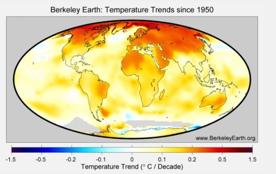 Temperaturtrenden for perioden 1950 - 2015. (Bilde: Berkeley Earth)