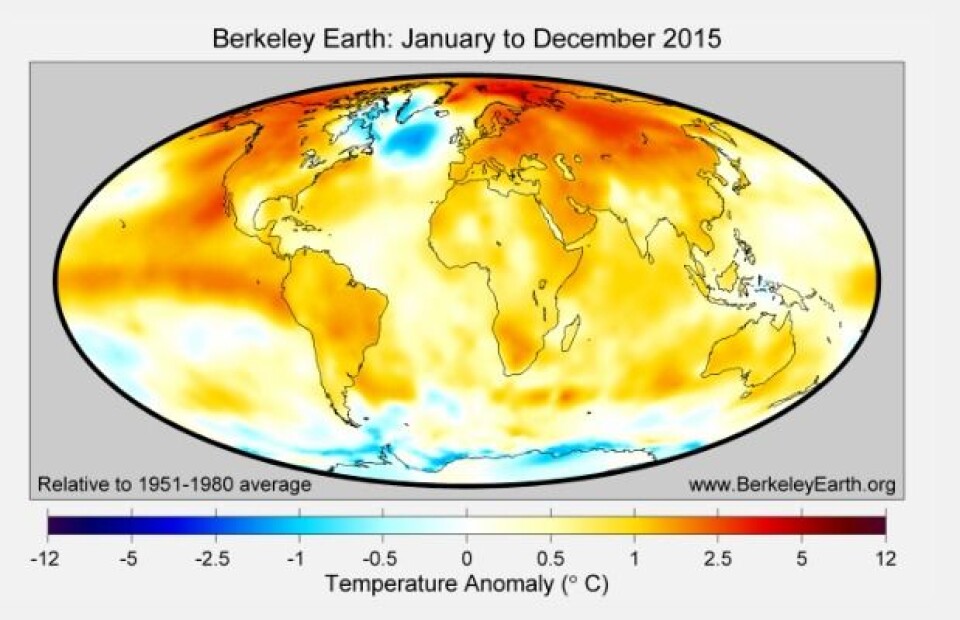 Temperatur i 2015 (avvik fra 'normalperioden' 1951-1980). (Bilde: Berkeley Earth)