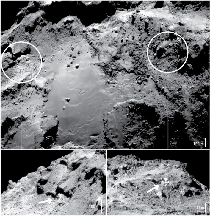 To områder med vannis, identifisert med VIRTIS-instrumentet på Rosetta i Imhotep-området på komet 67P/Churyumov-Gerasimenko. Bildene ble tatt i september 2014 i underkant av 30 kilometer fra sentrum av kometen. (Foto: ESA/Rosetta/NavCam – CC BY-SA IGO 3.0) To områder med vannis, identifisert med VIRTIS-instrumentet på Rosetta i Imhotep-området på komet 67P/Churyumov-Gerasimenko. Bildene ble tatt i september 2014 i underkant av 30 kilometer fra sentrum av kometen. (Foto: ESA/Rosetta/NavCam – CC BY-SA IGO 3.0)