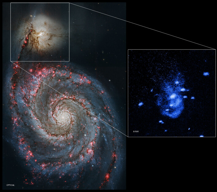 Supermassivt sort hull i galaksen NGC 5194 fotografert med NASAs romobservatorium Chandra i røntgenstråler (innfelt, blått bilde). Det sorte hullet suger trolig til seg gass, som gløder når det akselereres inn i hullet. NGC 5194 er en mindre galakse (innfelt øverst) som kolliderer med galaksen Messier 51, den største i bildet. (Foto: NASA) Supermassivt sort hull i galaksen NGC 5194 fotografert med NASAs romobservatorium Chandra i røntgenstråler (innfelt, blått bilde). Det sorte hullet suger trolig til seg gass, som gløder når det akselereres inn i hullet. NGC 5194 er en mindre galakse (innfelt øverst) som kolliderer med galaksen Messier 51, den største i bildet. (Foto: NASA)