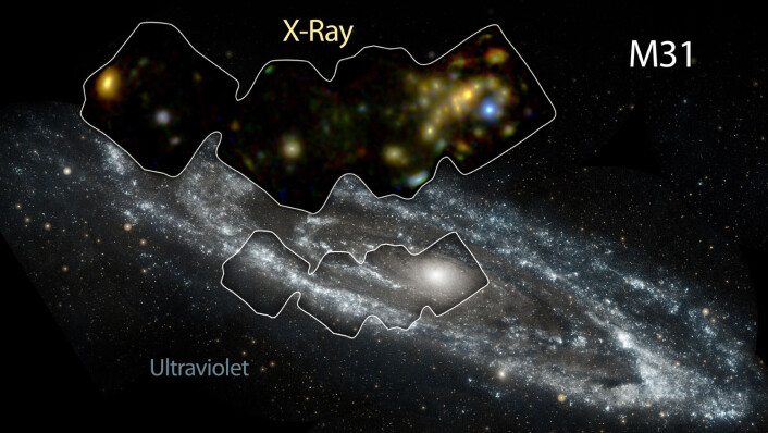 Deler av Andromedagalaksen fotografert i røntgen og ultrafiolett med romteleskopet NuSTAR. (Foto: Jet Propulsion Laboratory/California Institute of Technology) Deler av Andromedagalaksen fotografert i røntgen og ultrafiolett med romteleskopet NuSTAR. (Foto: Jet Propulsion Laboratory/California Institute of Technology)