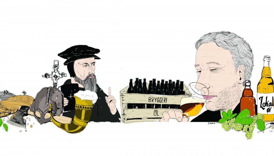 A JOURNEY IN TIME – BEER IS THE NEW WINE: Beer was part of the culture for the Vikings, and the Catholic Church embraced this tradition before the Protestant Reformation brought about a more sober attitude to drink and abolitionist movements took over. With the industrial age mass production ensued, but today new generations are revitalising old beer brewing traditions as part of a broader trend towards local food production. (Illustration: Oda Valle, University of Bergen) A JOURNEY IN TIME – BEER IS THE NEW WINE: Beer was part of the culture for the Vikings, and the Catholic Church embraced this tradition before the Protestant Reformation brought about a more sober attitude to drink and abolitionist movements took over. With the industrial age mass production ensued, but today new generations are revitalising old beer brewing traditions as part of a broader trend towards local food production. (Illustration: Oda Valle, University of Bergen)
