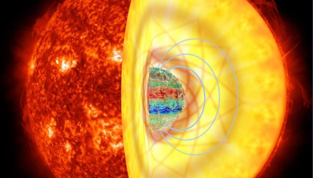 En stjernes magnetiske indre kan endre den måten bølger forplanter seg gjennom den. (Illustrasjon: R. A. García, K. Augustson, J. Fuller, G. Pérez/AIA/SDO) En stjernes magnetiske indre kan endre den måten bølger forplanter seg gjennom den. (Illustrasjon: R. A. García, K. Augustson, J. Fuller, G. Pérez/AIA/SDO)
