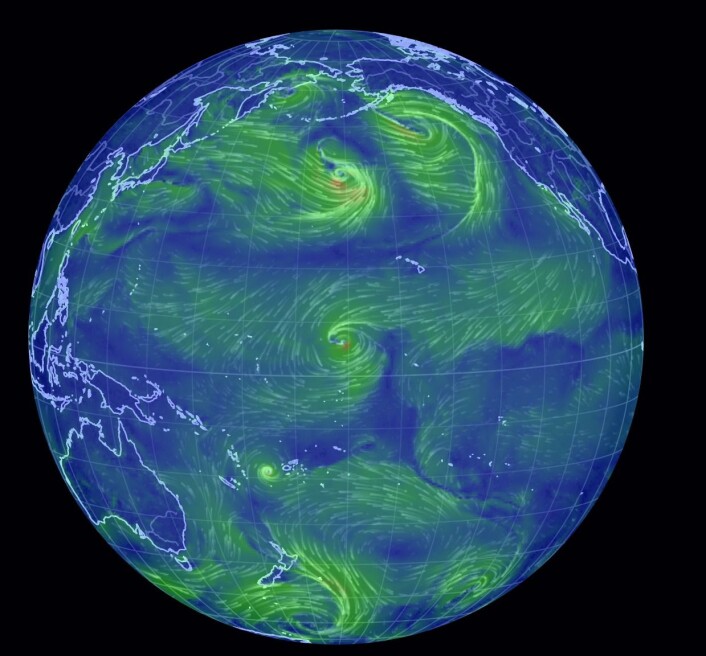 Et nytt vestavindsutbrudd pågår nå i det området hvor det varmeste ekvatorielle overflatevannet befinner seg i Stillehavet. (Bilde: Earthwindmap) Et nytt vestavindsutbrudd pågår nå i det området hvor det varmeste ekvatorielle overflatevannet befinner seg i Stillehavet. (Bilde: Earthwindmap)