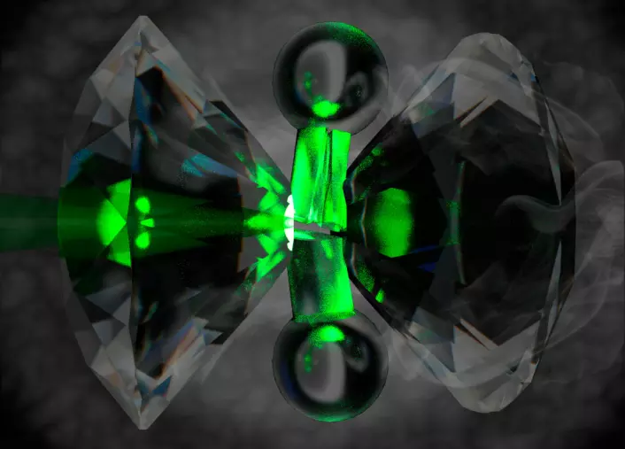 En ambolt av diamanter presser hydrogenet sammen ved 27 grader C, tilnærmet romtemperatur. Når hydrogenet gjennomlyses, kan fargeforandringer i lyset vise hvilken tilstand det er i. Dette kalles Raman-spektroskopi. (Foto: (Illustrasjon: Philip Dalladay-Simpson and Eugene Gregoryanz/Nature))