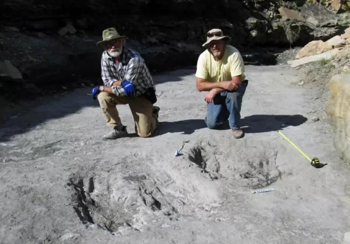 Paleontologene Martin Lockley og Ken Cart poserer ved skrapemerkene etter dinosaurene.  (Foto: University of Colorado Denver.)