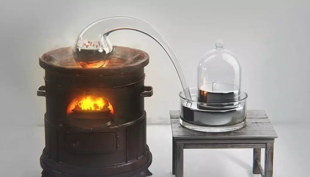 Dette apparatet brukte Antoine Lavoisier for å se hva som skjedde når kvikksølv ble varmet opp.  brukt med tillatelse fra BeautifulChemistry.net/USTC.