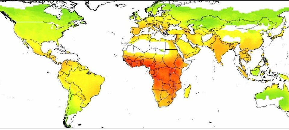 Kartet viser hvor det er størst sannsynlighet for smitte mellom mennesker og flaggermus.  (Kart: Brierley, L. et al.)
