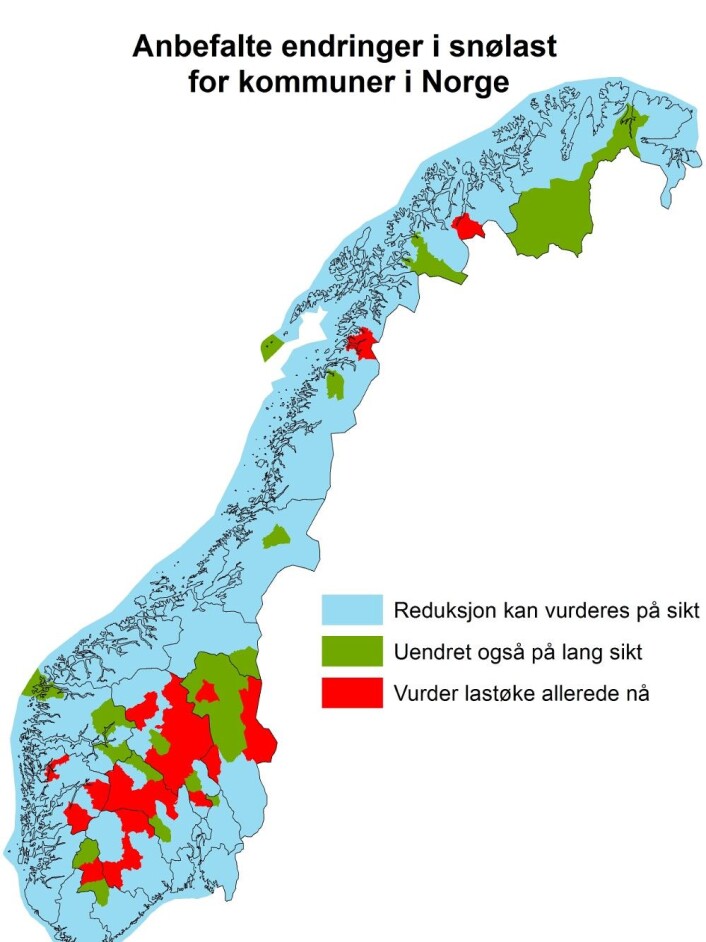 Klima 2050 har anbefalt at 34 kommuner i indre Sør-Norge endrer standarden for hvordan tak på nybygg skal dimensjoneres for å tåle de økte snømengdene.
(Foto: (Grafikk: Klima 2050)) Klima 2050 har anbefalt at 34 kommuner i indre Sør-Norge endrer standarden for hvordan tak på nybygg skal dimensjoneres for å tåle de økte snømengdene.
(Foto: (Grafikk: Klima 2050))