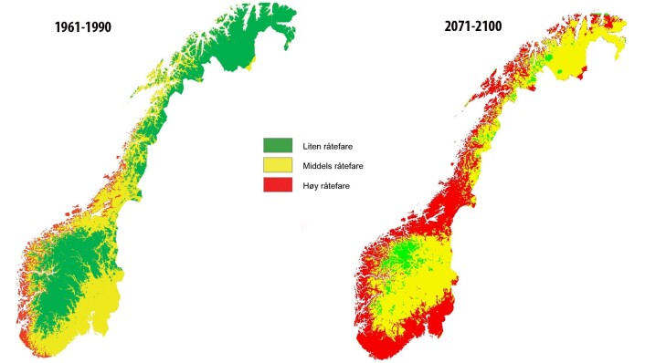 Basert på framtidsspådommene til klimaforskerne, har Klima 2050 laga disse kartene.
(Foto: (Grafikk: Klima 2050)) Basert på framtidsspådommene til klimaforskerne, har Klima 2050 laga disse kartene.
(Foto: (Grafikk: Klima 2050))