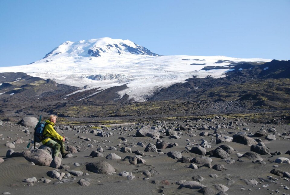 lkanen Beerenberg som rager 2277 m over havnivå, er dekket av is. Den er verdens nordligste aktive vulkan. Flere av breutløpere rekker ned til, eller nesten ned til dagens havnivå. Foran mange av disse breutløperne finner vi flotte, markerte morener som vitner om at isen har trukket seg tilbake de siste tusener av år. (Foto: Eiliv Larsen, NGU)