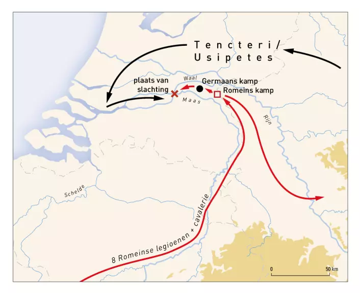 Kartet viser hvordan de germanske stammene krysset Rhinen og møtte Romerne ved dagens Kessel. Det røde krysset viser hvor massakren skal ha funnet sted. (Foto: Vrije Universiteit Amsterdam)