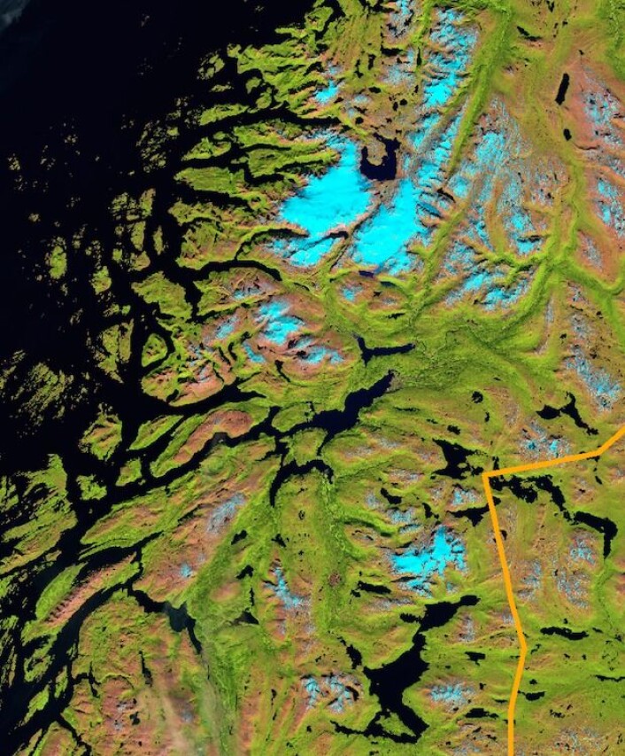 Nordland sett fra satellitten Sentinel-2A. (Bilde: Copernicus Sentinel data 2015. Prosessert ved Institutt for geofag, UiO). Nordland sett fra satellitten Sentinel-2A. (Bilde: Copernicus Sentinel data 2015. Prosessert ved Institutt for geofag, UiO).