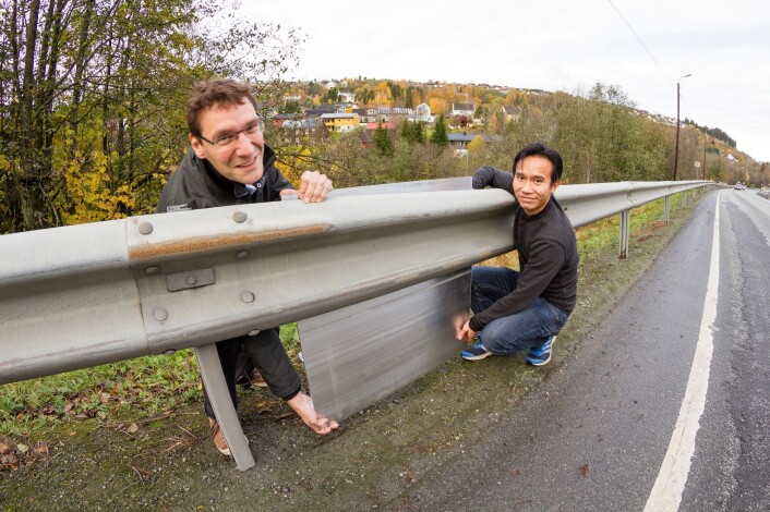 Vanlig autovern brukes blant annet der terrenget faller fra veien. Hus som skal støyskjermes her, ligger derfor oftest lavere enn støykilden. Med dette som bakteppe har Dirk Nolte (til venstre) og Nguyen Hieu Hoang utredet hvordan autovern kan kles med støyskjermer av aluminium. (Foto: Thor Nielsen, Sintef) Vanlig autovern brukes blant annet der terrenget faller fra veien. Hus som skal støyskjermes her, ligger derfor oftest lavere enn støykilden. Med dette som bakteppe har Dirk Nolte (til venstre) og Nguyen Hieu Hoang utredet hvordan autovern kan kles med støyskjermer av aluminium. (Foto: Thor Nielsen, Sintef)