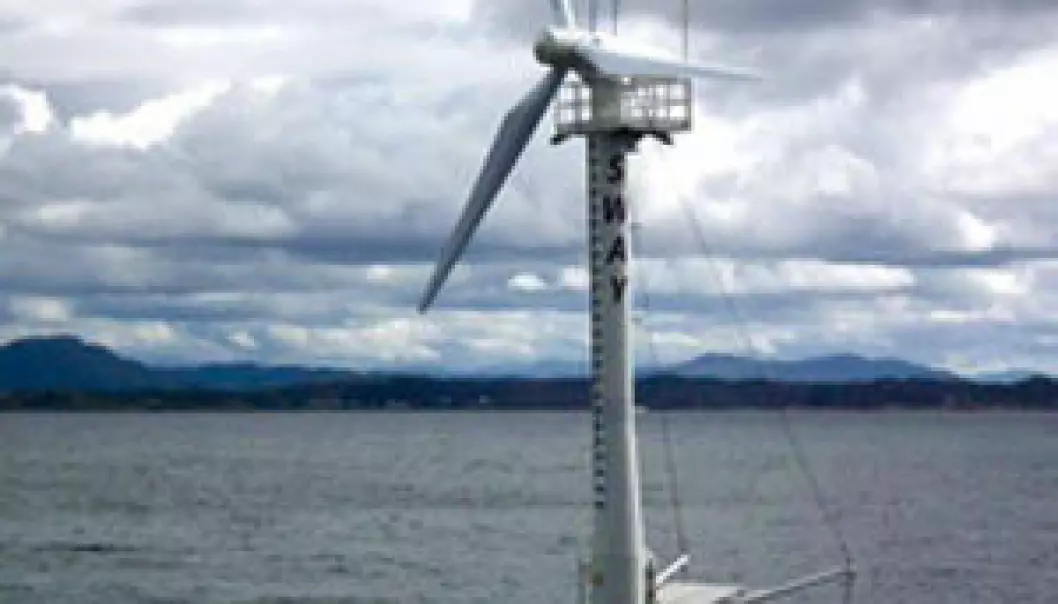 Sway’s 1/6-scale prototype features a partially submerged 30-m tower and a rotor diameter of 14 m. Until recently it operated off the island municipality of Øygarden in western Norway. (Photo: Sway)