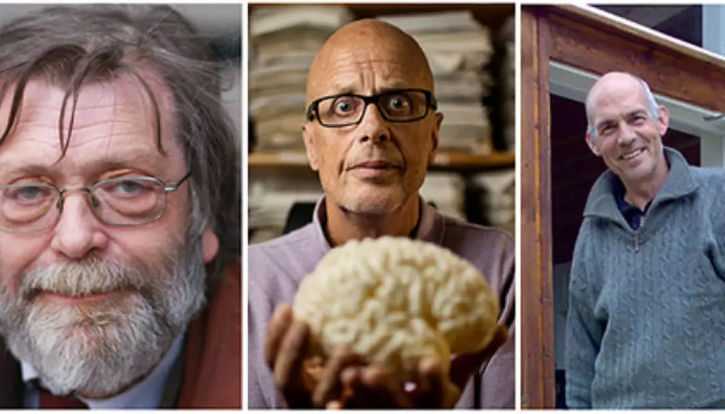 The winners of the Research Council awards for 2014: Professor Frank Aarebrot, Professor Kenneth Hugdahl and Svein Kvalvik of Polybait AS. (Photo: Jarle Vines/Eivind Senneset, University of Bergen/private) (Photo: Jarle Vines/Eivind Senneset, UiB/Privat)