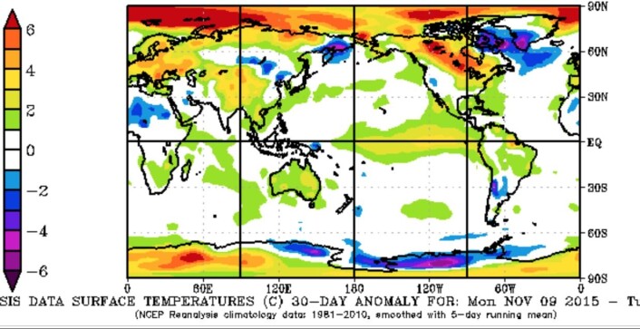 Reanalyse av 30 døgns temperatur-anomali ved overflaten i perioden fra 9. november til 8 desember i år. (Bilde: NOAA) Reanalyse av 30 døgns temperatur-anomali ved overflaten i perioden fra 9. november til 8 desember i år. (Bilde: NOAA)