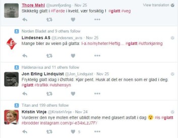 Også i Norge var det flere twittermeldinger med emneknaggen #glatt for et par uker siden. (Foto: (Skjermdump fra Twitter)) Også i Norge var det flere twittermeldinger med emneknaggen #glatt for et par uker siden. (Foto: (Skjermdump fra Twitter))