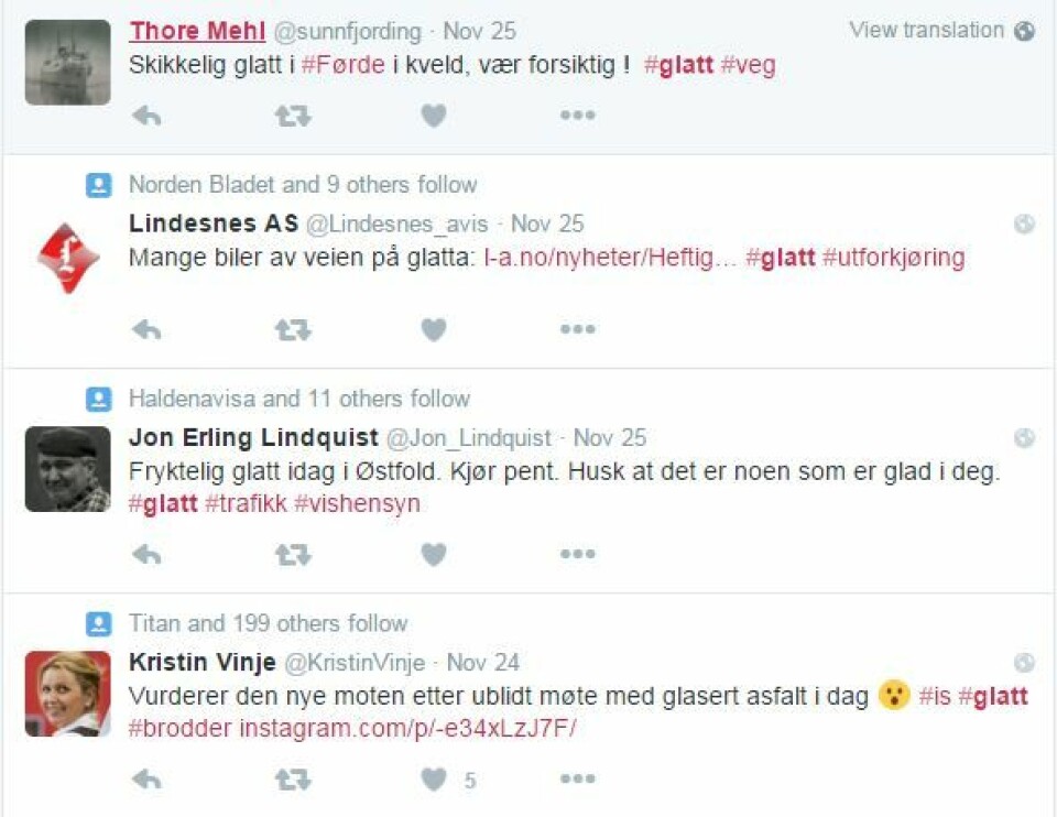 Også i Norge var det flere twittermeldinger med emneknaggen #glatt for et par uker siden.  (Foto: (Skjermdump fra Twitter))