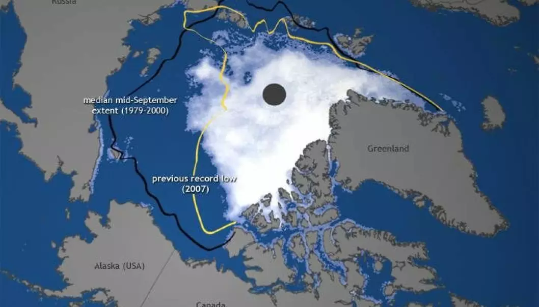 This is the extent of sea ice in the Arctic today, which also show its extent in 2007 and its average extent in September from 1979 to 2000. (Map: http://www.arctic.noaa.gov/report12/)