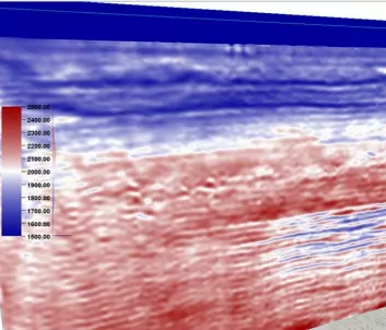 Seismisk modell som viser tynne CO<sub>2</sub>-lag ved Sleipnerfeltet i 2008. Blåtonene representerer områder der lydbølgene har lav hastighet, mens rødt har høy hastighet. Den mørkeblå fargen ned til omtrent 80 meters dybde representerer lydhastigheten i havvann. CO<sub>2</sub>-gassen ligger som blå tynne lag inne i det røde feltet siden lydbølgene i områder med CO<sub>2</sub>, har lavere hastighet enn i omgivelsene. (Foto: (Illustrasjon: Sintef))