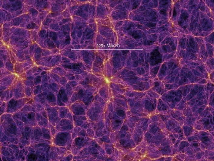 En modell av det kosmiske nettet i enorm skala. De lyse områdene på trådene er steder der gigantiske galaksehoper har utviklet seg. (Foto: Grafikk: Springel et al., Virgo Consortium)