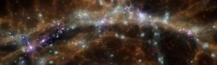 Illustrasjon av tråder (brunt og oransje) i det enorme kosmiske nettet, med galakshoper (hvitt) av ulik størrelse langs trådene.  (Foto: Grafikk: K. Dolag, Universitäts-Sternwarte München, Ludwig-Maximilians-Universität München)